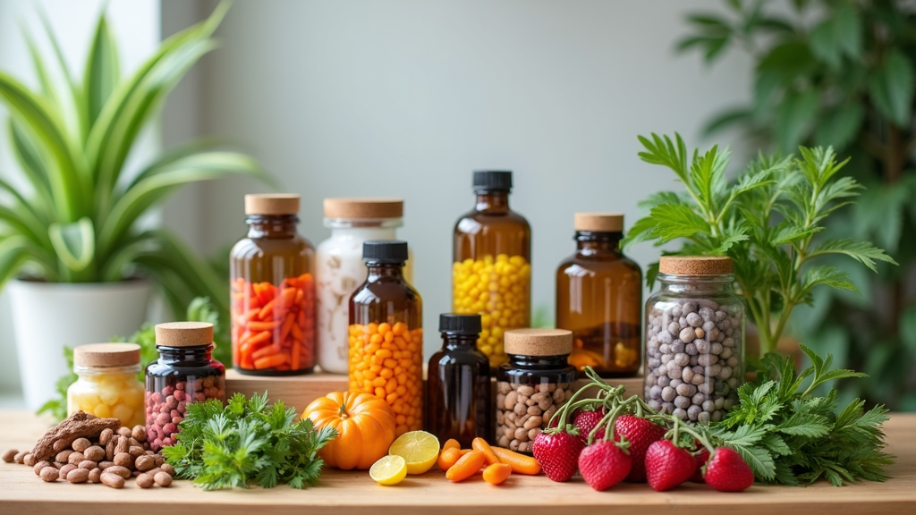 An assortment of supplement bottles alongside fresh herbs and leafy plants
